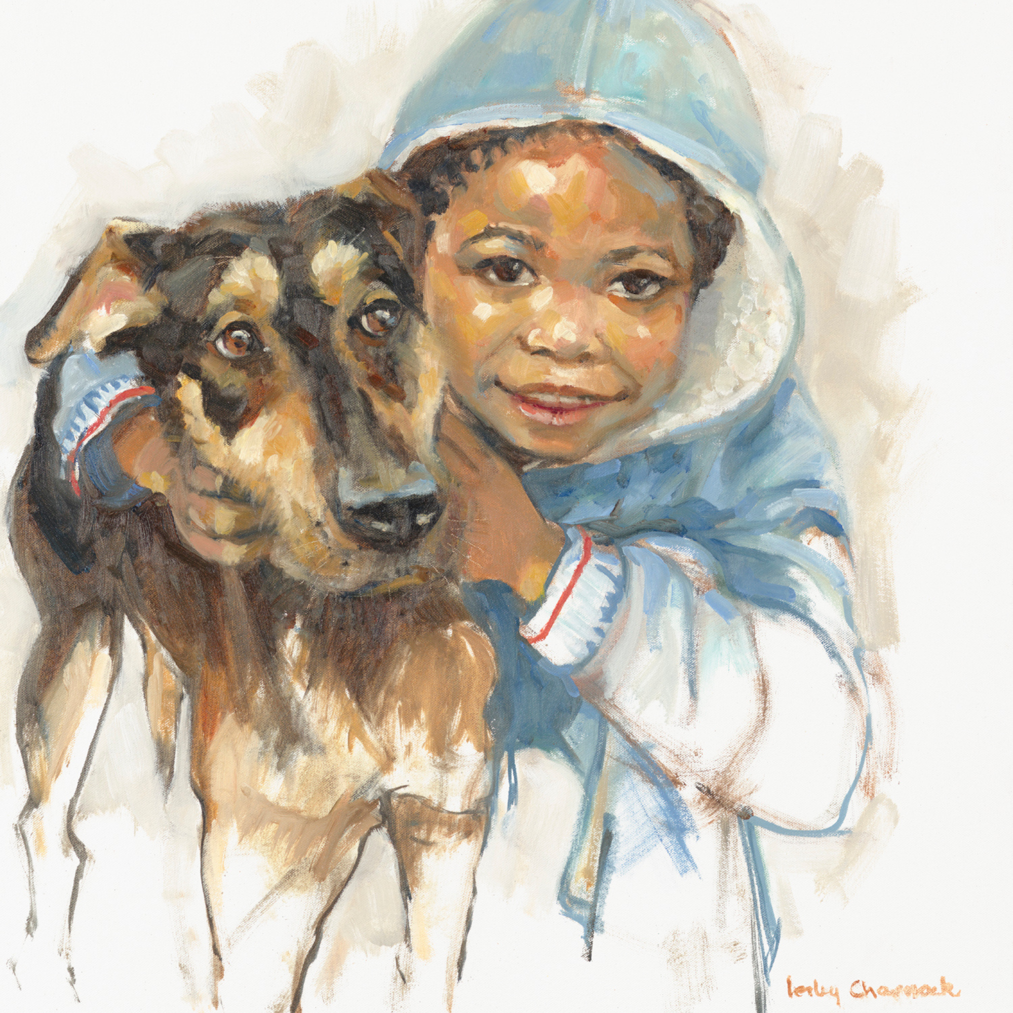 Boy Hugs Dog Print