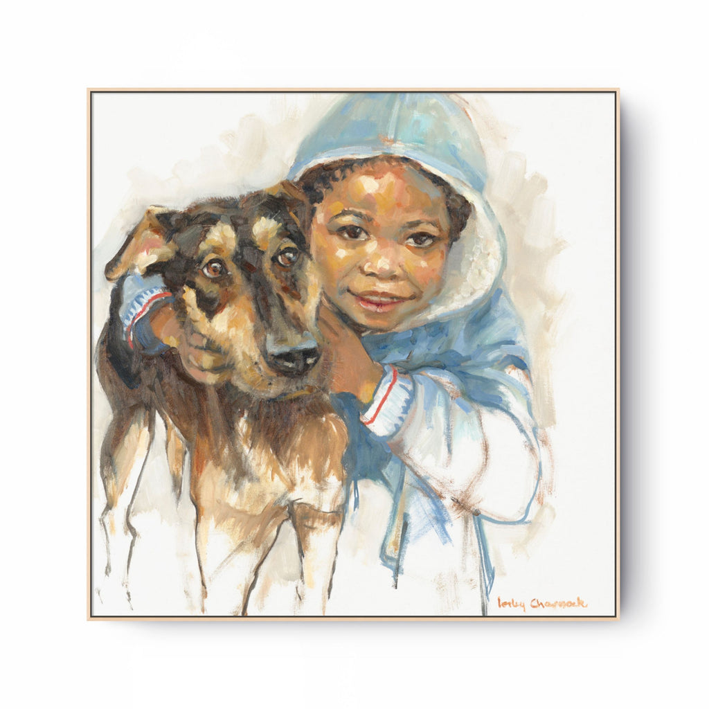 Boy Hugs Dog Print