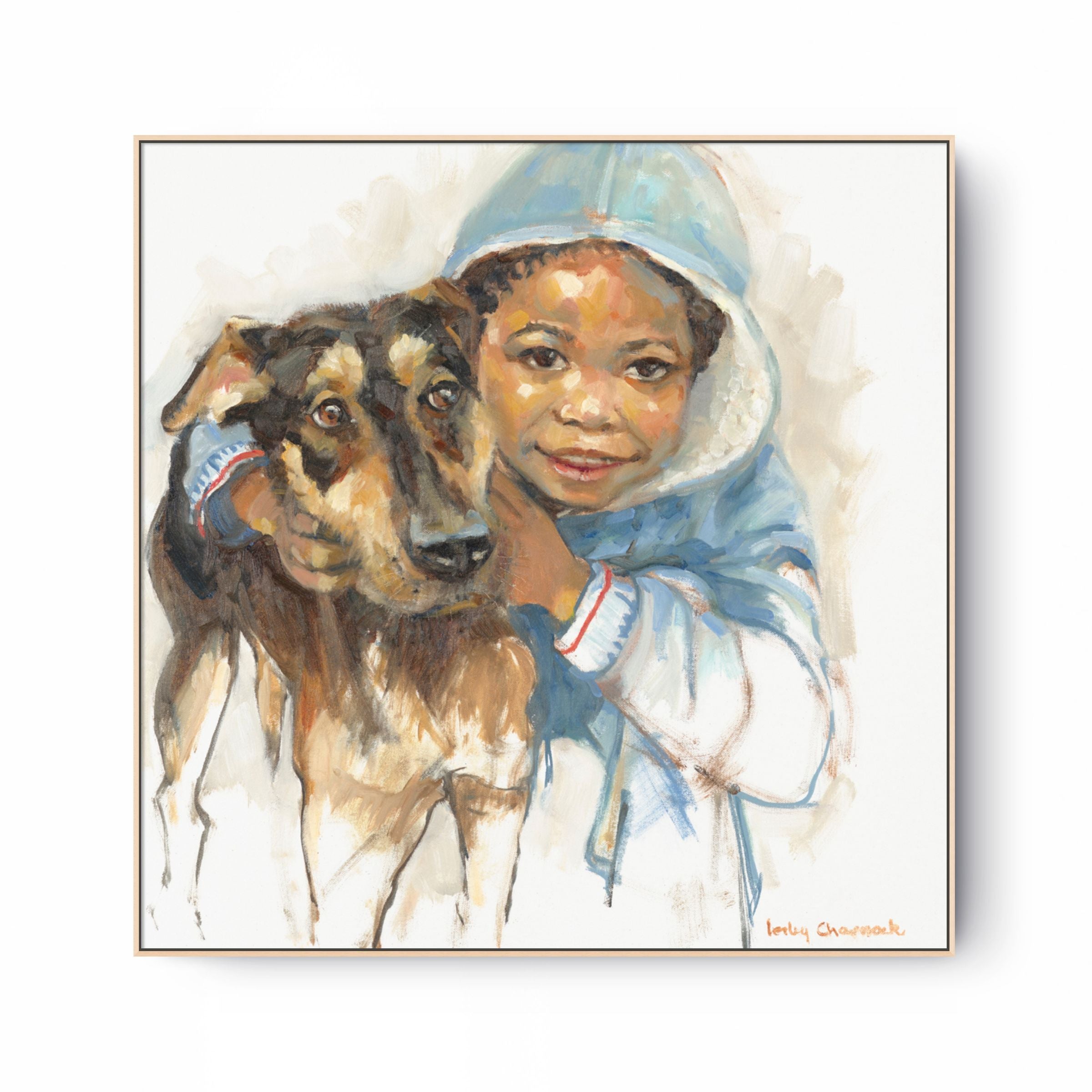 Boy Hugs Dog Print