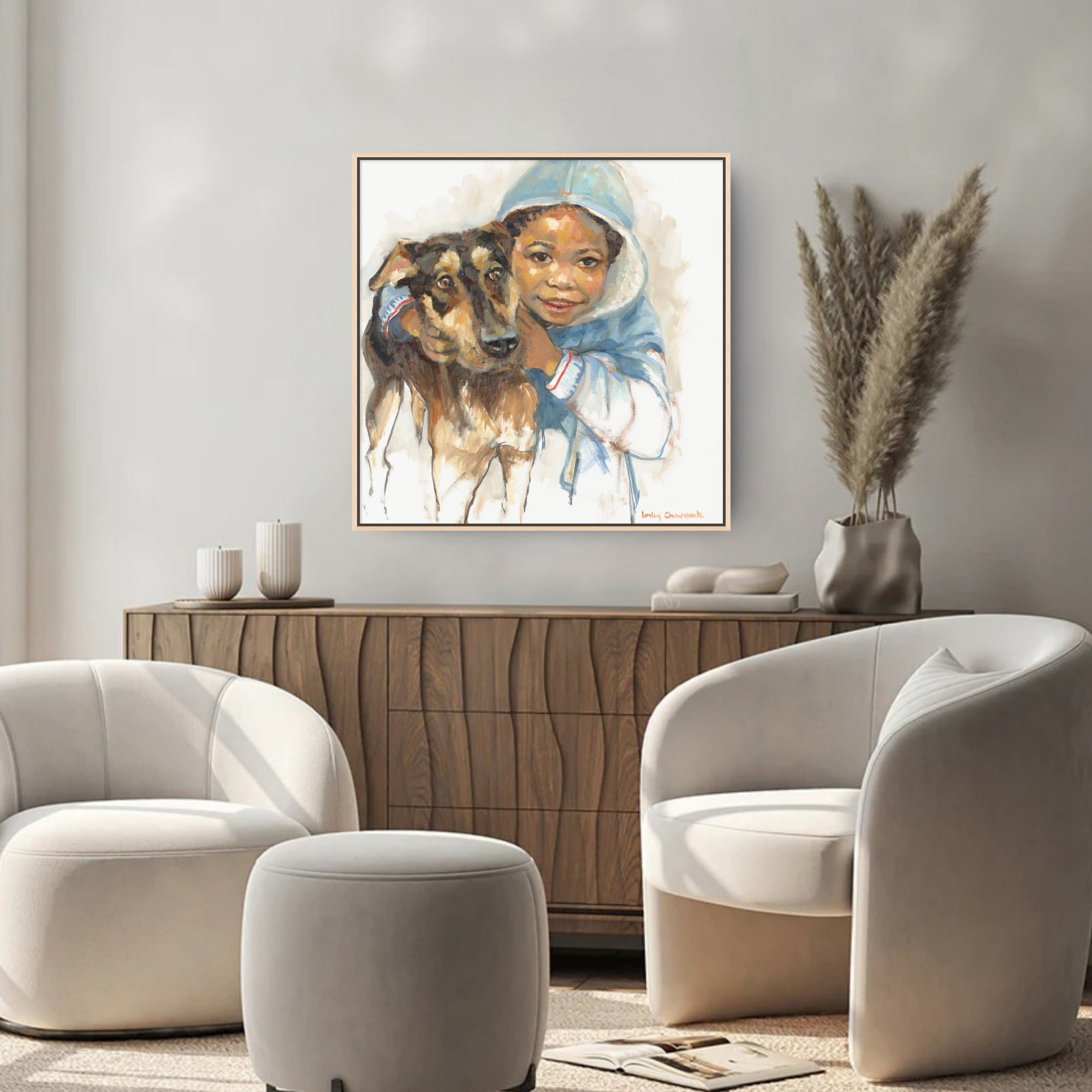 Boy Hugs Dog Print