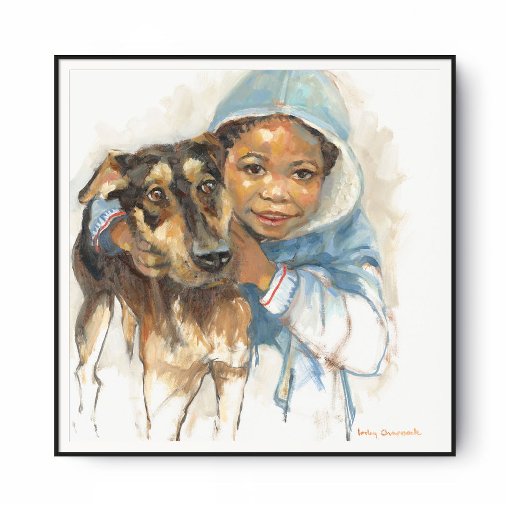 Boy Hugs Dog Print