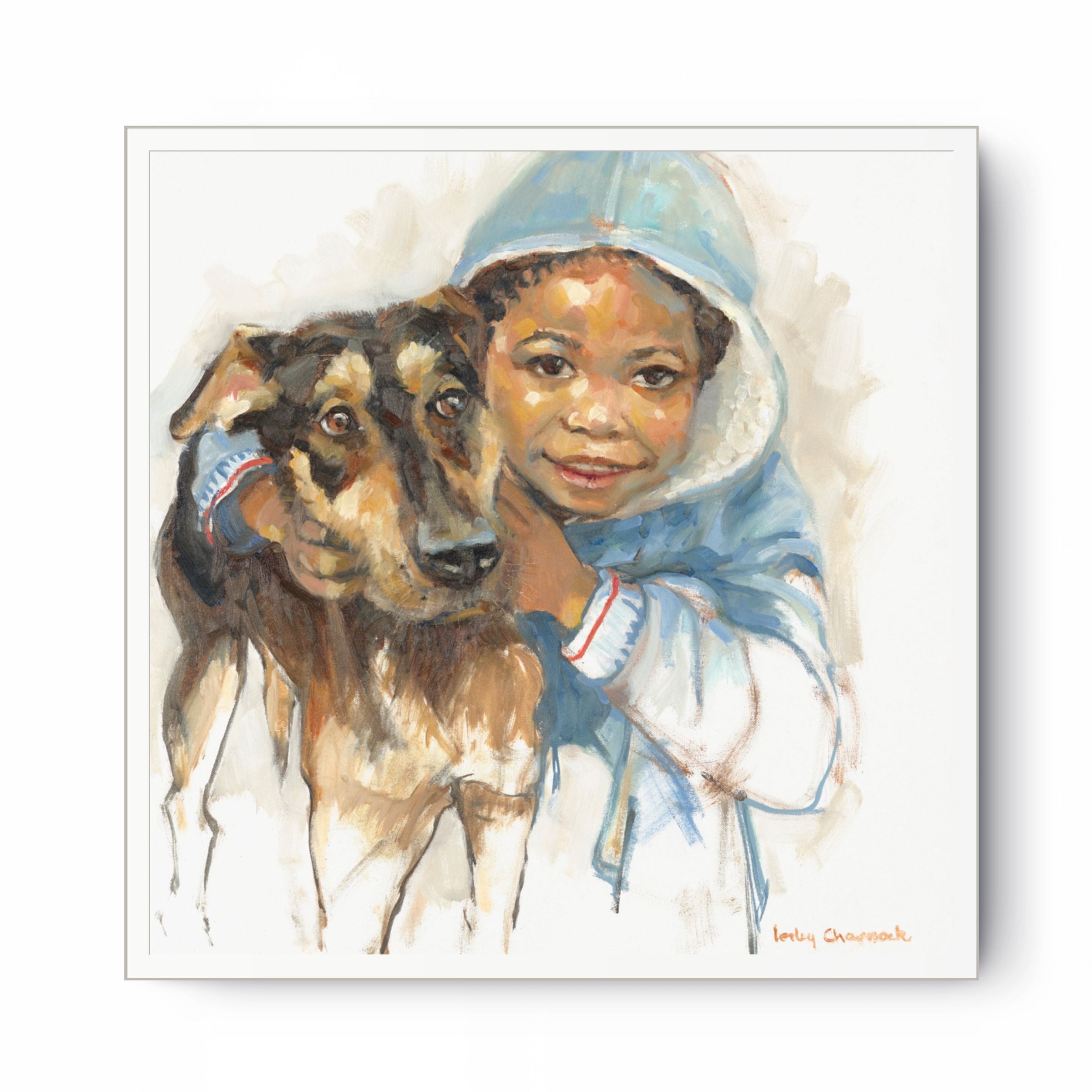 Boy Hugs Dog Print